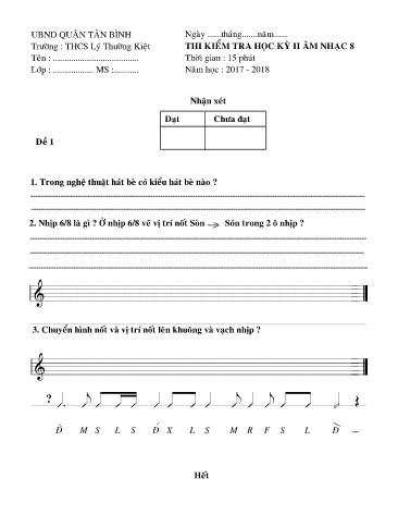 Đề thi học kỳ II môn Âm nhạc 8 - Đề 1 - Năm học 2017-2018 - Trường THCS Lý Thường Kiệt (Kèm đáp án)