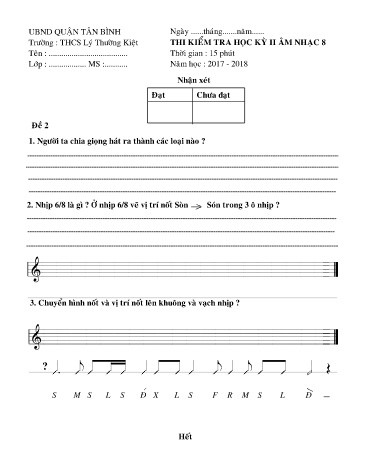 Đề thi học kỳ II môn Âm nhạc 8 - Đề 2 - Năm học 2017-2018 - Trường THCS Lý Thường Kiệt (Kèm đáp án)