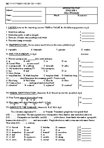 Đề thi học kỳ II môn Tiếng Anh Khối 6 - Trường THCS Võ Văn Tần (Có đáp án)