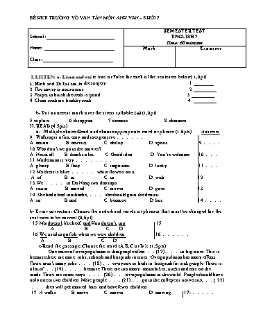 Đề thi học kỳ II môn Tiếng Anh Khối 7 - Trường THCS Võ Văn Tần (Có đáp án)