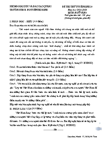Đề thi thử tuyển sinh Lớp 10 môn Ngữ văn - Năm học 2019-2020 - Trường THCS Nguyễn Thị Định