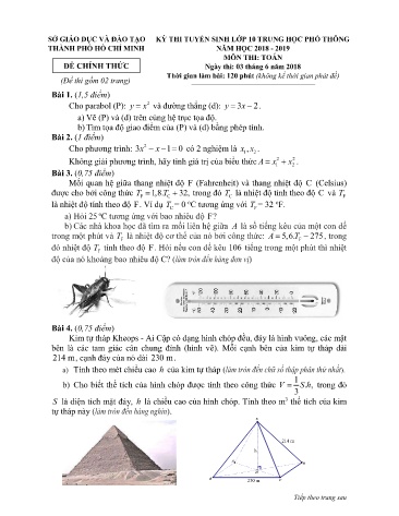 Đề thi tuyển sinh Lớp 10 THPT môn Toán - Năm học 2018-2019 - Sở GD&ĐT Thành phố Hồ Chí Minh (Có đáp án)