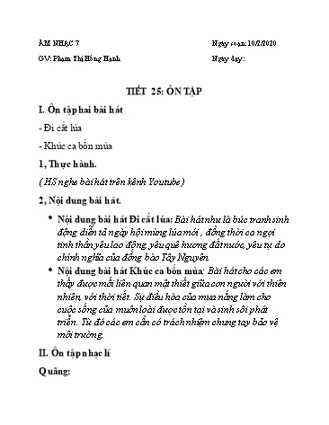 Giáo án Âm nhạc Lớp 7 - Tiết 25: Ôn tập - Năm học 2019-2020 - Phạm Thị Hồng Hạnh