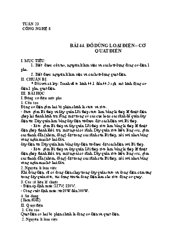 Giáo án Công nghệ 8 - Tuần 23, Bài 44: Đồ dùng loại điện cơ Quạt điện