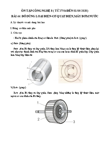 Giáo án ôn tập Công nghệ Lớp 8 - Bài 44: Đồ dùng loại điện cơ Quạt điện, máy bơm nước - Năm học 2019-2020