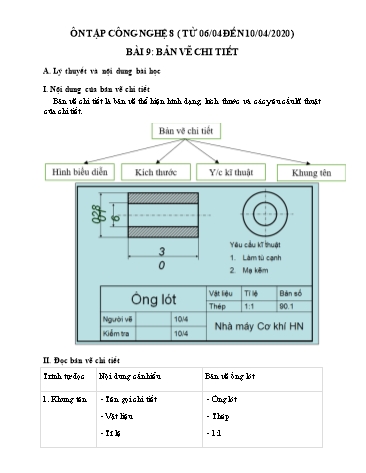 Giáo án ôn tập Công nghệ Lớp 8 - Bài 9: Bản vẽ chi tiết - Năm học 2019-2020