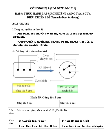 Giáo án ôn tập Công nghệ Lớp 9 - Bài 9: Thực hành Lắp mạch điện 2 công tắc 3 cực điều khiển 1 đèn (Mạch đèn cầu thang) - Năm học 2020-2021