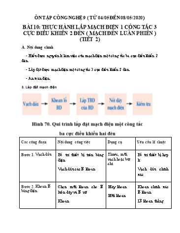 Giáo án ôn tập Công nghệ Lớp 9 - Tiết 2, Bài 10: Thực hành Lắp mạch điện 1 công tắc 3 cực điều khiển 2 đèn (Mạch đèn luân phiên) - Năm học 2019-2020