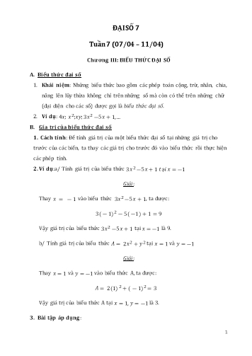 Giáo án ôn tập Đại số Lớp 7 - Tuần 7, Chương III: Biểu thức đại số