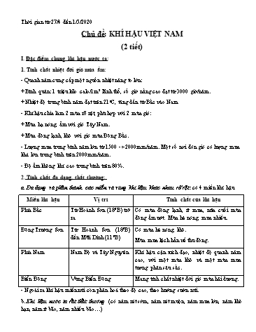 Giáo án ôn tập Địa lí Lớp 8 - Chủ đề: Khí hậu Việt Nam - Năm học 2019-2020