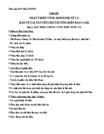 Giáo án ôn tập Địa lí Lớp 9 - Chủ đề: Phát triển tổng hợp kinh tế và bảo vệ tài nguyên môi trường biển đảo (2 tiết) - Năm học 2019-2020