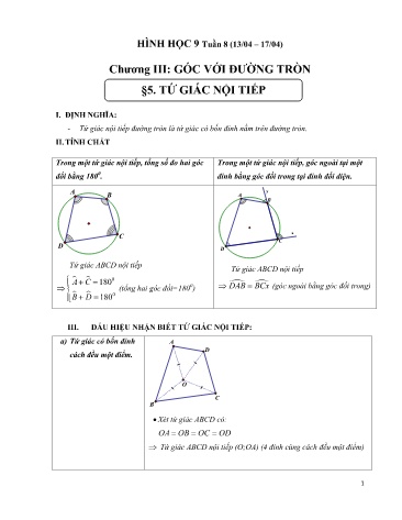 Giáo án ôn tập Hình học 9 - Chương III: Góc với đường tròn - Tuần 8, Bài 5: Tứ giác nội tiếp