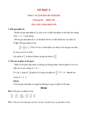 Giáo án ôn tập Số học Lớp 6 - Tuần 5, Chương III: Phân số - Năm học 2020-2021