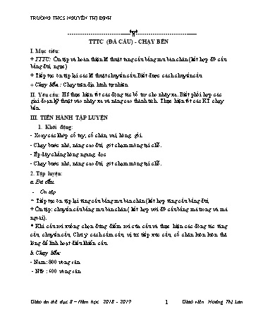Giáo án Thể dục Lớp 8 - Bài: TTTC (Đá cầu). Chạy bền - Năm học 2018-2019 - Hoàng Thị Lan