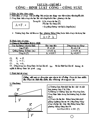 Giáo án theo chủ đề môn Vật lí 8 - Chủ đề 1: Công. Định luật công. Công suất