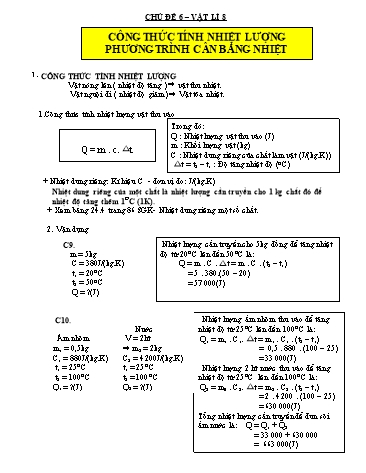 Giáo án theo chủ đề môn Vật lí 8 - Chủ đề 6: Công thức tính nhiệt lượng phương trình cân bằng nhiệt
