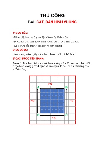 Giáo án Thủ công Lớp 1 - Bài: Cắt, dán hình vuông