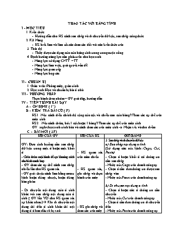 Giáo án Tin học Lớp 7 - Bài: Thao tác với bảng tính