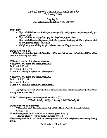 Giáo án Toán Lớp 8 - Chủ đề: Phương trình bậc nhất một ẩn - Giáo viên Dương Hoài Tâm