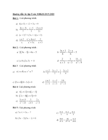 Hướng dẫn ôn tập học kì II môn Toán Lớp 8 - Năm học 2019-2020