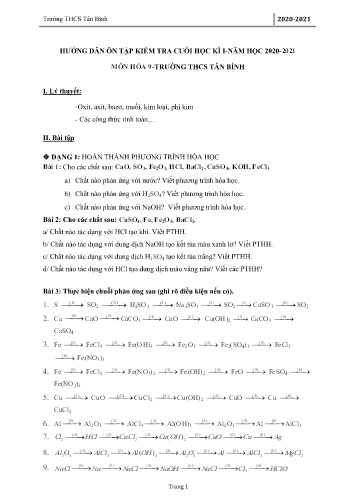 Hướng dẫn ôn tập kiểm tra cuối học kì I môn Hóa học 9 - Năm học 2020-2021 - Trường THCS Tân Bình