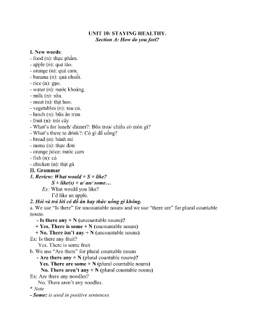 Hướng dẫn tự học môn Tiếng Anh Lớp 6 - Unit 10: Staying healthy