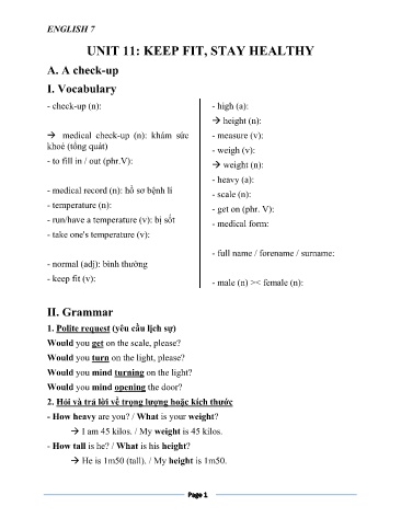 Hướng dẫn tự học môn Tiếng Anh Lớp 7 - Unit 11: Keep fit, stay healthy
