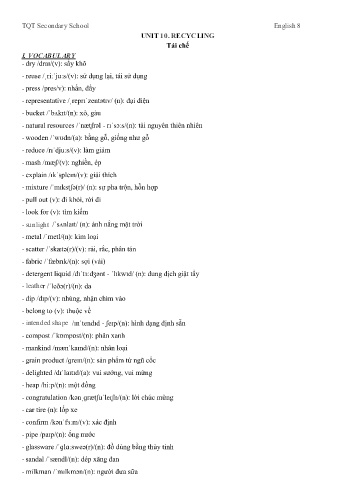 Hướng dẫn tự học môn Tiếng Anh Lớp 8 - Unit 10: Recycling - Trường THCS Trần Quốc Toản