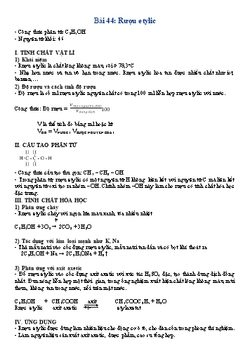 Kế hoạch bài dạy Hóa học 9 - Bài 44: Rượu etylic