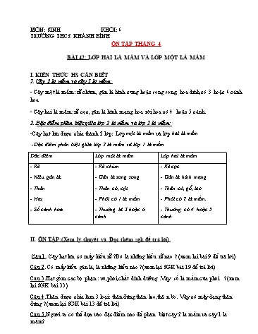 Kế hoạch bài dạy Sinh học 6 - Bài 42: Lớp hai lá mầm và lớp một lá mầm - Trường THCS Khánh Bình