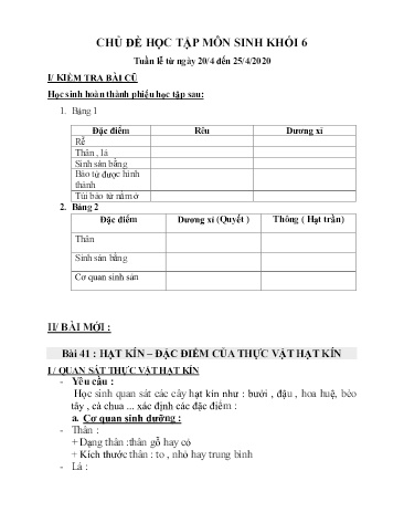 Kế hoạch bài dạy Sinh học Lớp 6 - Bài 41+42 - Năm học 2019-2020