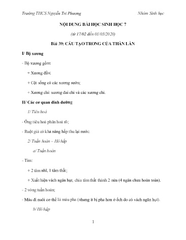 Kế hoạch bài dạy Sinh học Lớp 7 - Bài 39 đến 43 - Năm học 2019-2020 - Trường THCS Nguyễn Tri Phương