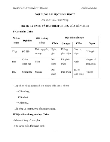 Kế hoạch bài dạy Sinh học Lớp 7 - Bài 44 đến 48 - Năm học 2019-2020 - Trường THCS Nguyễn Tri Phương