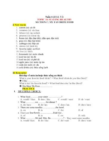 Kế hoạch bài dạy Tiếng Anh 6 - Tuần 4, Topic 10: Staying healthy. Section c: My favorite food