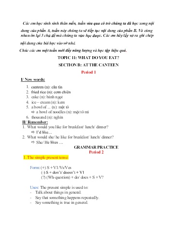 Kế hoạch bài dạy Tiếng Anh 6 - Tuần 5, Topic 11: What do you eat. Section B: At the canteen