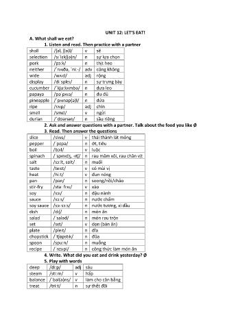 Kế hoạch bài dạy Tiếng Anh 7 - Unit 12: Let’s eat