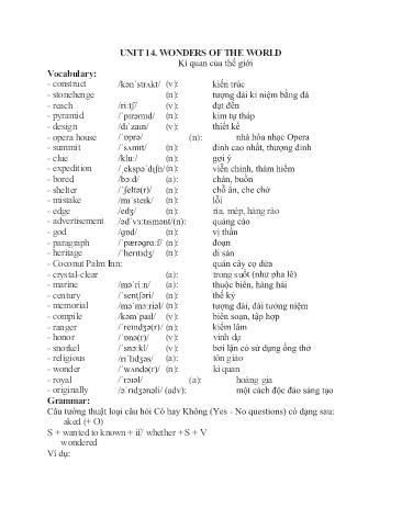 Kế hoạch bài dạy Tiếng Anh 8 - Unit 14: Wonders of the world