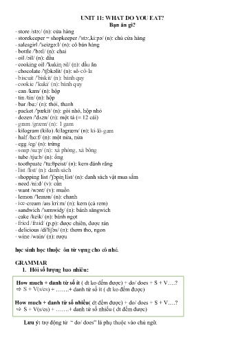 Kế hoạch bài dạy Tiếng Anh Lớp 6 - Unit 11: What do you eat