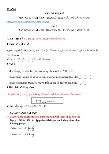 Kế hoạch bài dạy Toán 6 - Tuần 4, Chủ đề: Phân Số