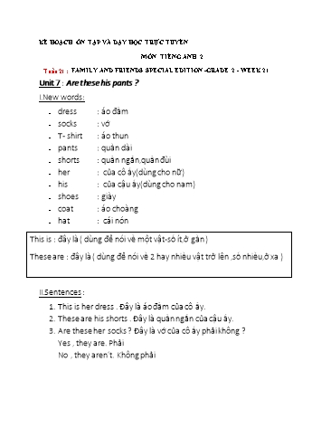 Kế hoạch dạy học Tiếng Anh Lớp 2 Family and Friends Special Edition - Tuần 21, Unit 7: Are these his pants