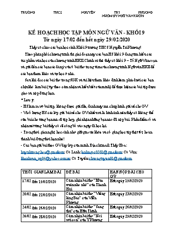 Kế hoạch học tập môn Ngữ văn Khối 9 - Tuần 17/2-29/2 - Năm học 2019-2020 - THCS Nguyễn Tri Phương