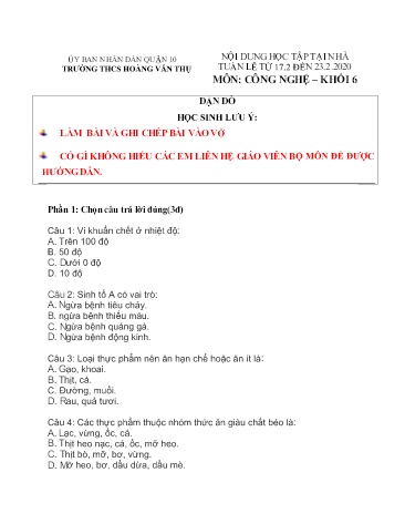 Ôn tập Công nghệ Khối 6 - Bài 17 - Năm học 2019-2020 - Trường THCS Hoàng Văn Thụ