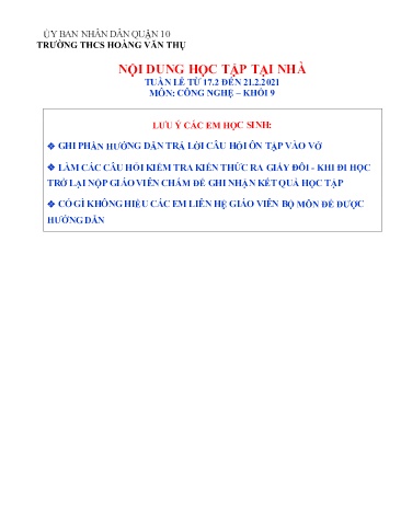 Ôn tập Công nghệ Khối 9 - Tuần 23 - Năm học 2020-2021 - Trường THCS Hoàng Văn Thụ