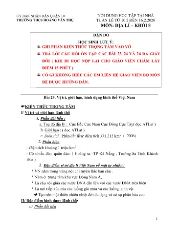 Ôn tập Địa lí Khối 8 - Bài 23 đến 26 - Năm học 2019-2020 - Trường THCS Hoàng Văn Thụ