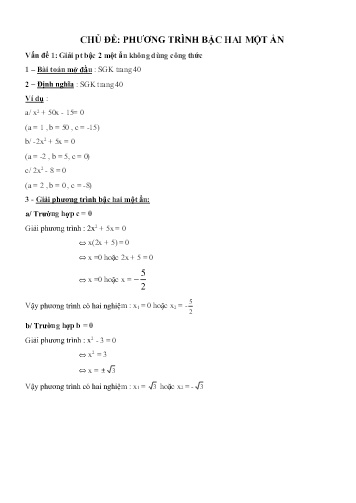Ôn tập kiến thức Đại số Lớp 9 - Chủ đề: Phương trình bậc hai một ẩn
