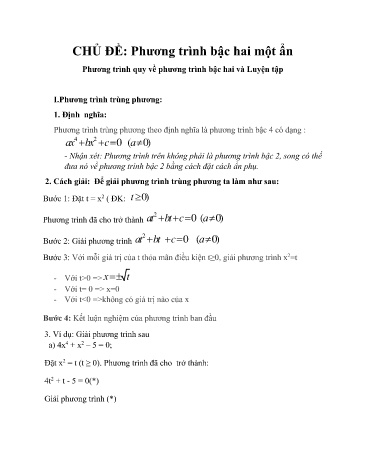 Ôn tập kiến thức Đại số Lớp 9 - Tuần 8, Chủ đề: Phương trình bậc hai một ẩn