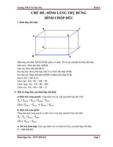 Ôn tập kiến thức Hình học 8 - Chủ đề: Hình lăng trụ đứng, hình chóp đều