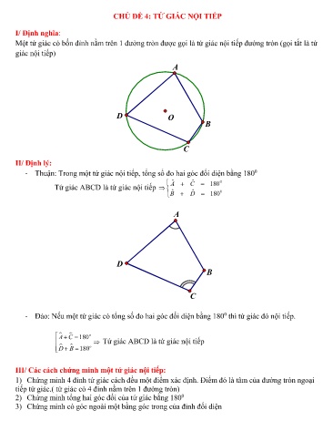 Ôn tập kiến thức Hình học 9 - Chủ đề 4: Tứ giác nội tiếp