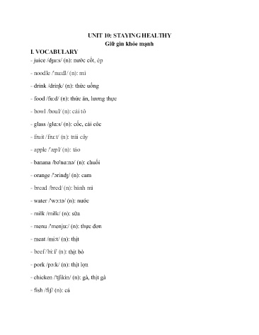 Ôn tập kiến thức môn Tiếng Anh Lớp 6 - Unit 10: Staying healthy