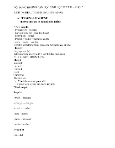 Ôn tập kiến thức môn Tiếng Anh Lớp 7 - Unit 10: Health and hygiene